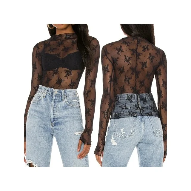 Long Sleeve Round Neck Lace Top